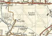 A map of Heathrow from 1948 showing the small passenger aircraft apron just below "The Magpie" in the airport's NE corner