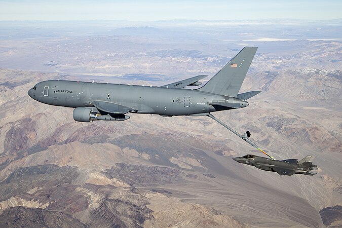 A KC-46A Pegasus connects with an F-35 Lightning II in the skies over California Jan. 22, 2019.