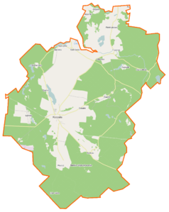 Mapa konturowa gminy Koczała, blisko centrum na lewo znajduje się owalna plamka nieco zaostrzona i wystająca na lewo w swoim dolnym rogu z opisem „Dymno”