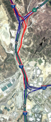 Aerial map and diagram of the Newhall Pass Interchange