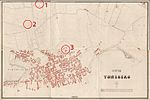 Kart over Tønsberg fra 1868. 1) Stormøllen (der dagens sykehus ligger) 2) Amtssykehuset på Midtløkken fra 1843 3) Byens sykehus på Haugar fra 1841