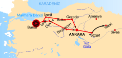 Osmanlı ordusunun muharebe öncesi iki koldan izlediği güzergâh[71]