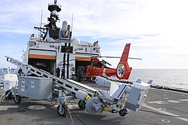 ScanEagle is pictured aboard the U.S. Coast Guard Cutter Stratton, which was the first U.S. Coast Guard Cutter to deploy fully equipped with a small UAS for an entire patrol.[14][15]