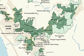 Lage des Nationalparks mit anderen Schutzgebieten im Nilgiri-Biosphärenreservat