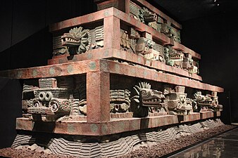 Facade of the Temple of the Feathered Serpent (detail reconstruction), Teotihuacan, Mexico, c.225[63]