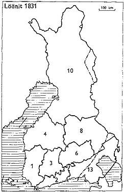 1831 1: Turku en Pori 2: Uusimaa 3: Häme 4: Vaasa 6: Mikkeli 8: Kuopio 10: Oulu 13: Viipuri