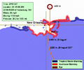 Hurricane Katrina, This map was updated 8 times on 29 August 2005, tracking the path of Katrina as it made its landfall. It remained on the main article for several days.