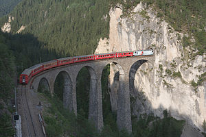 Train of the RhB (Rhaetian Railway) on the Landwasser Viaduct between Schmitten and Filisur