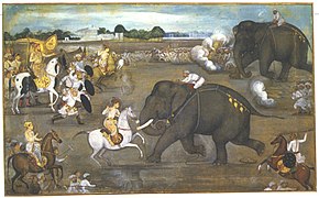 Bir Padişahname el yazmasından (1633) alınan bir resim, Aurangzeb'in çıldırmış savaş fili Sudhakar'la yüzleştiği sahneyi tasvir ediyor. Sowar'ın kalkanı bir yıldız ve hilal ile süslenmiştir.
