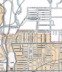 1915 Atlas of Canada, showing what is today the area in which Pape Village is located (then known as Todmorden), to the north of the (then) boundary of the City of Toronto