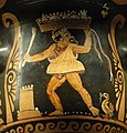Phlyakenszene des Malers Python. Ein Schauspieler trägt ein Nacktheit karikierendes Somatium als Kostüm, um 360/50 v. Chr.