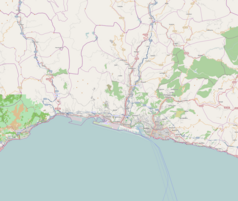 Mapa konturowa Genui, blisko centrum na dole znajduje się punkt z opisem „Genova Via di Francia”