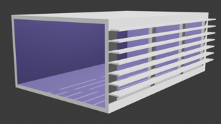 Horizontale Sonnenblenden (horizontal louvers); verwandeln steiles direktes Sonnenlicht in Streulicht.