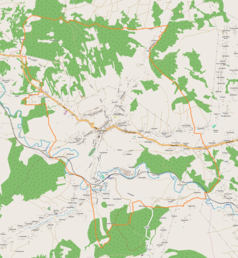 Mapa konturowa Jordanowa, blisko centrum na dole znajduje się punkt z opisem „Jordanów”