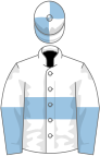 White, light blue hoop, halved sleeves, quartered cap