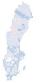 Map showing the voting shifts from the 1994 to the 1998 election. Darker blue indicates a municipality voted more towards the parties that formed the centre-right bloc. Darker red indicates a municipality voted more towards the parties that form the left-wing bloc.