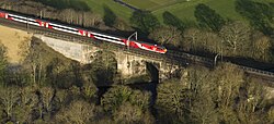 A train crossing a viaduct surrounded by trees