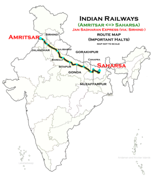 (Amritsar–Saharsa) Jan Sadharan Express (via Sirhind) route map