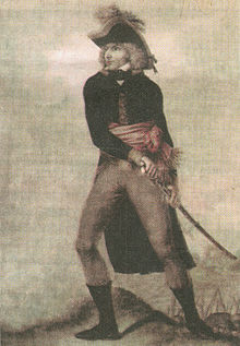 A painting of General Jean-Baptiste Bernadotte, standing on a rock, with a black hat and brandishing a sheathed sword.