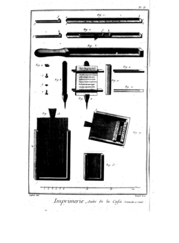 Zethaken en galeien in de Encyclopédie van Diderot en d'Alembert, 1769. In de houder met tekst leest de zetter zijn zetwerk.