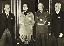 Balról jobbra: František Chvalkovský, Galeazzo Ciano, Joachim von Ribbentrop, Kánya Kálmán