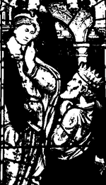 Drawing of an old window showing Gwynllyw kneeling before an angel.