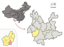 Location of Shuangjiang County (pink) and Lincang City (yellow) within Yunnan