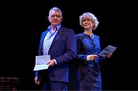 Martin Shaw and Jenny Seagrove standing with letters