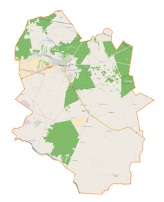 Mapa konturowa gminy Pajęczno, blisko centrum na lewo u góry znajduje się punkt z opisem „Kościół Wniebowzięcia Najświętszej Maryi Panny i św. Leonarda”