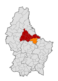 Map of Luxembourg with Vallée de l'Ernz highlighted in orange, and the canton in dark red