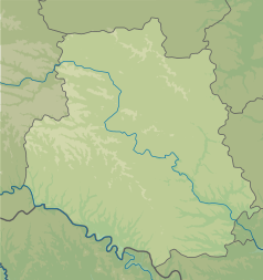 Mapa konturowa obwodu winnickiego, u góry znajduje się punkt z opisem „źródło”, natomiast blisko prawej krawędzi u góry znajduje się punkt z opisem „ujście”