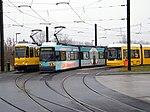 Triebwagen dreier Generationen (KT4D, GT6N, F8E, v. l. n. r.) in der Gleisschleife Falkenberg, 2008