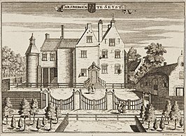 Ridderhofstad Carsbergen (Kersbergen) omstreeks 1700 gravure door Jan van Vianen naar een tekening door Caspar Specht