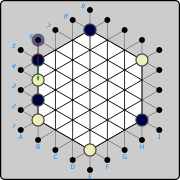 (2) Black counters by introducing a piece on B6, then pushes it down to B5  (B)B6→B5 , displacing the White piece to B4.