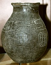 Clay pot with pictographs discovered from Khachbulag mounds, Nizami Ganjavi Ganja State History-Ethnography Museum