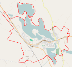 Mapa konturowa Lipian, blisko centrum po prawej na dole znajduje się punkt z opisem „Plac Wolności”