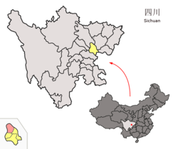 Location of Shehong County (red) within Suining City (yellow) and Sichuan