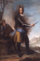 Maximilian II. Emanuel vor der Stadt Bergen (im Harnisch, mit blauer bayerischer Schärpe und Marschallsstab) mit einem Pagen (wahrscheinlich seinem filius illegitimus, dem späteren Comte de Baviére), Gemälde von Joseph Vivien