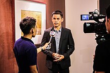 Channy Chhoeun being interviewed for Cambodian television at Sofitel Phnom Penh.