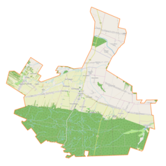 Mapa konturowa gminy Mirzec, blisko centrum po prawej na dole znajduje się punkt z opisem „Tychów Stary”