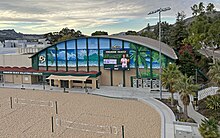 In the late fall of 2023, Cal Poly's Mott Athletics Center exterior was repainted adjacent to Swanson Beach Volleyball Complex.