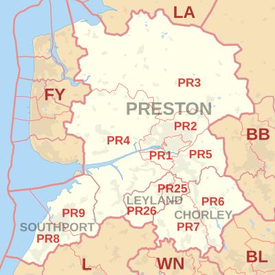 PR postcode area map, showing postcode districts, post towns and neighbouring postcode areas.