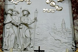 Pilgrims on the way to Gennazano (around 1800). Relief on the Altar of Our Lady of Good Counsel, in the church of St. Augustine, in Rattenberg (Tyrol).