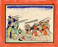 A watercolour painting depicting a headless Baba Deep Singh and fellow Sikh warriors shown fighting the hostile Afghan forces at the Battle of Amritsar (1757), circa 1880's
