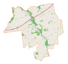 Mapa konturowa gminy Dmosin, po prawej nieco na dole znajduje się punkt z opisem „Parafiapw. Wszystkich Świętychw Kołacinku”