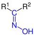 Allgemeine Struktur der Oxime mit der blau markierten Oximgruppe. R = H oder Organylgruppe