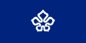 A flag with a white 5-petalled flower design on solid blue background