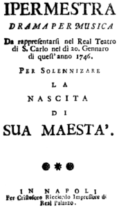 Johann Adolph Hasse – Ipermestra – Titelseite des Librettos – Neapel 1746