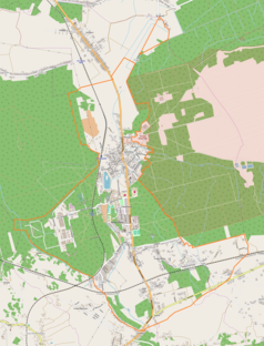 Mapa konturowa Nowej Dęby, po lewej nieco na dole znajduje się punkt z opisem „Zakłady Metalowe „Dezamet” SA”