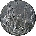 Medaille „Unschuld und Einhorn in mond­beschienener Landschaft“. Antonio Pisanello, 1447